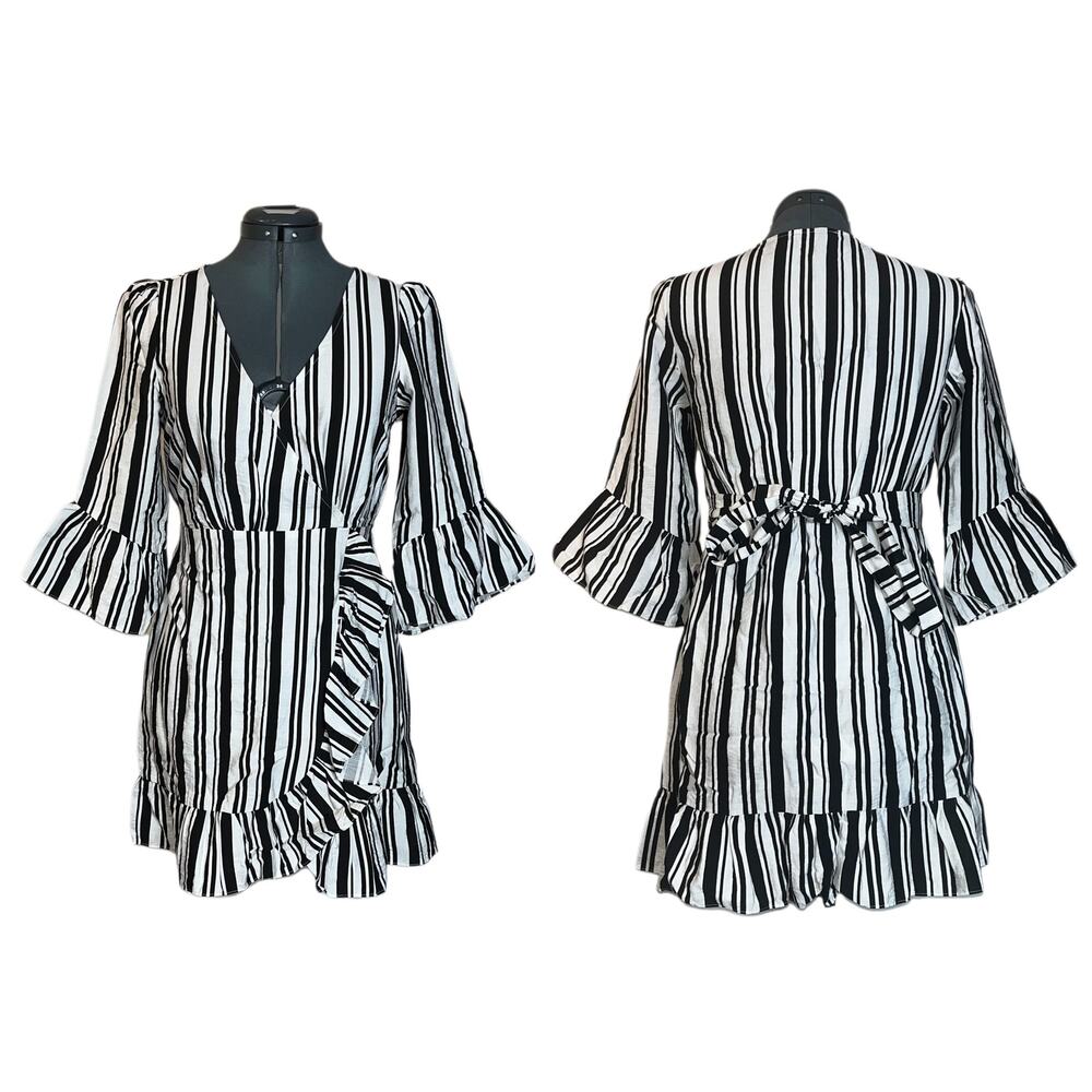 Casting LA faux wrap Mini dress Tie Waist Bell sleeves Women’s Small black/white